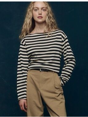 NWT THE GREAT. The Sailor Sweater. Black and Cream Striped Crewneck Sweater